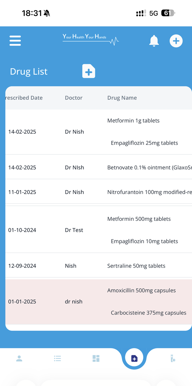 YH2 app — Drug List screen showing medications organised by prescribed date, doctor and drug name