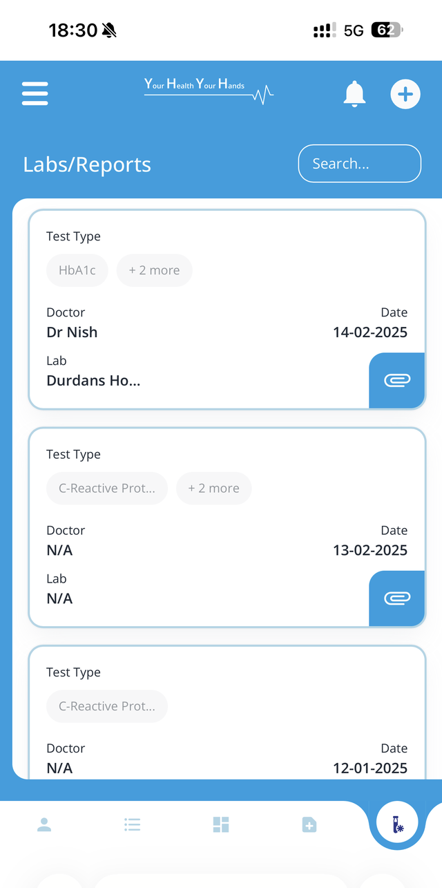YH2 app — Labs and Reports screen showing test results grouped into searchable cards with attachments