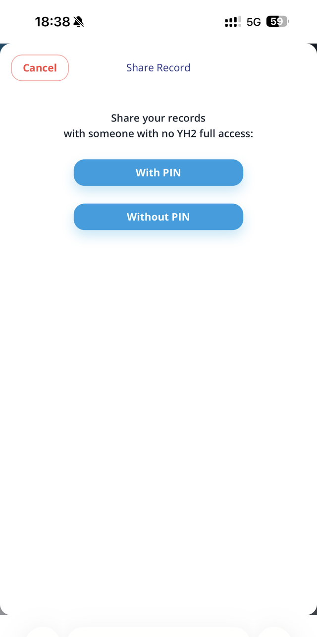 YH2 app — Share Record screen offering secure sharing with or without a user-generated PIN